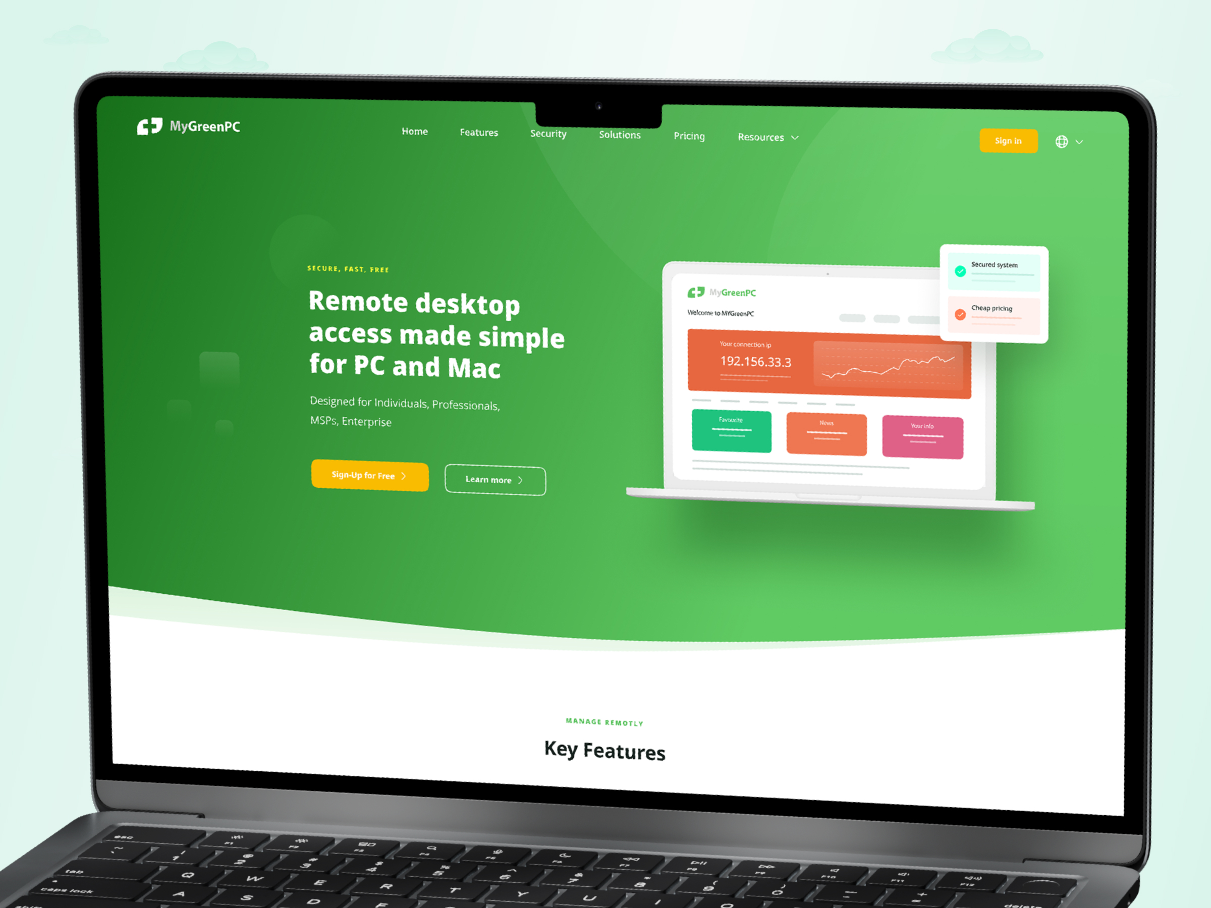 MyGreenPC | Remote Desktop Access UI/UX Design