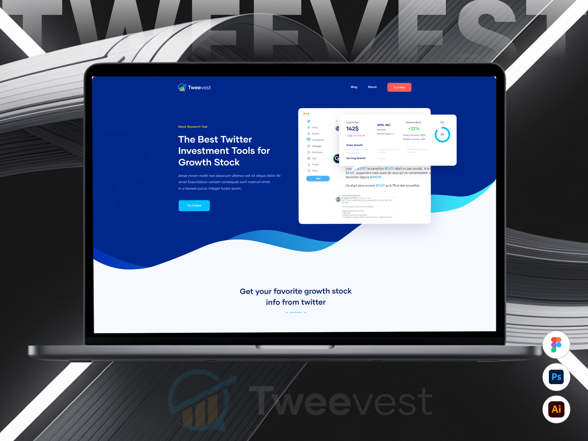 Tweevest – Twitter Stock Investment Tools Landing Page | Crypto Analytics | FinTech UI